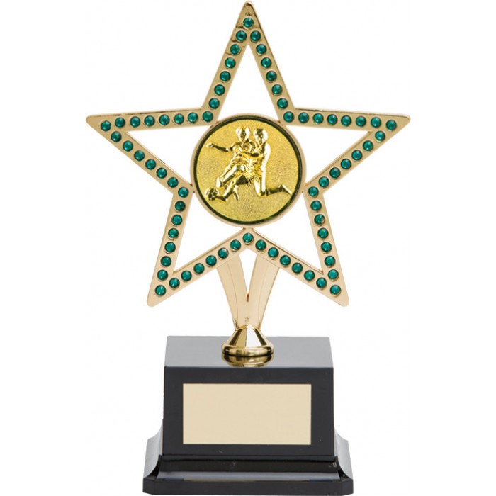  10'' GOLD METAL STAR FOOTBALL TROPHY WITH GREEN GEMSTONES